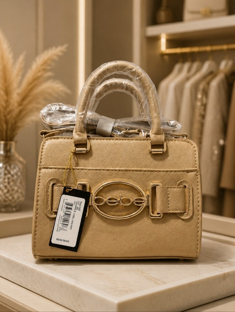 Bebe Beige/Tan Leilani Solid Handle Crossbody with Gold Accents